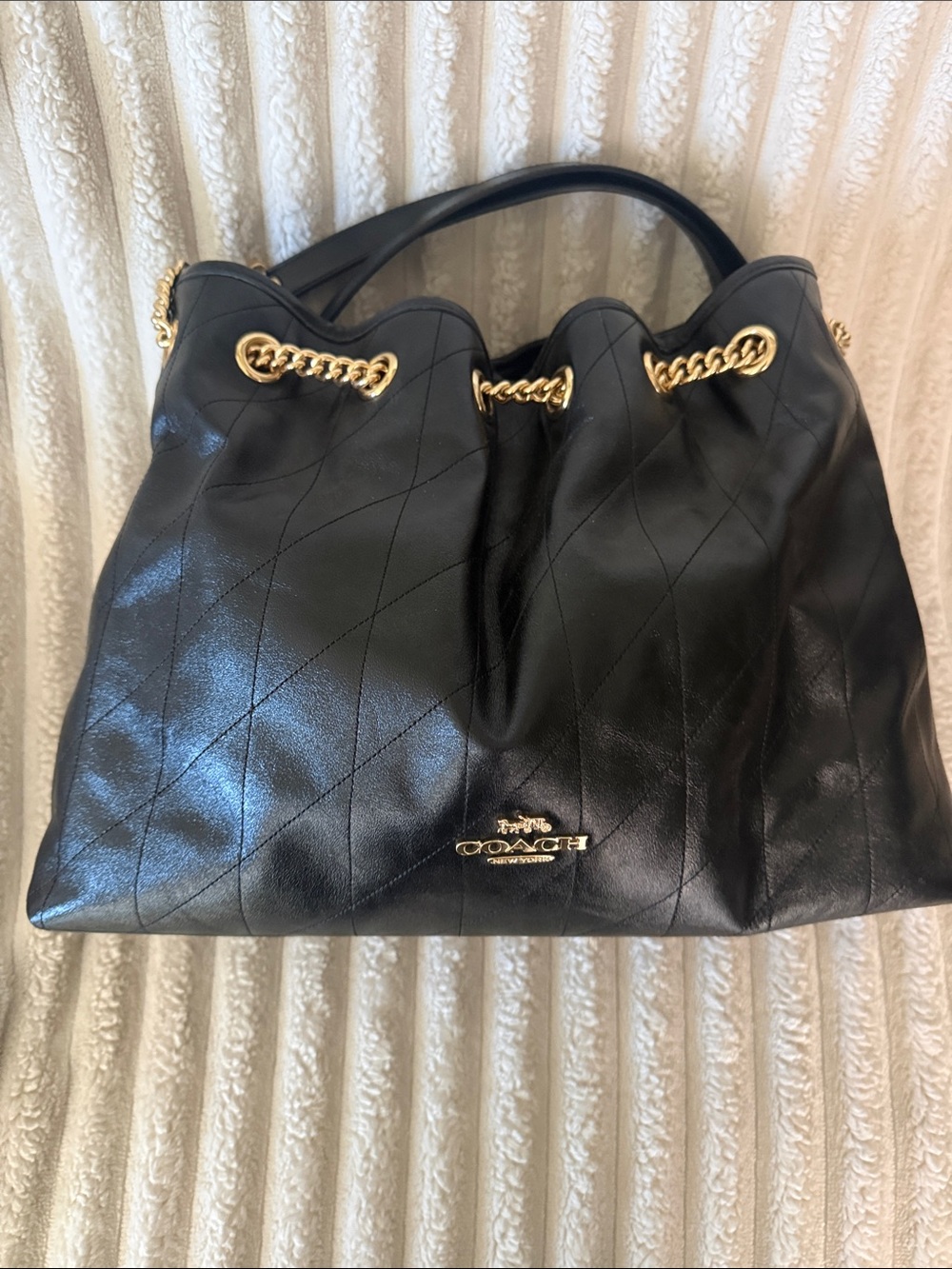 Evelyn Coach Black Quilted Leather Shoulder Bag with Gold hardware
